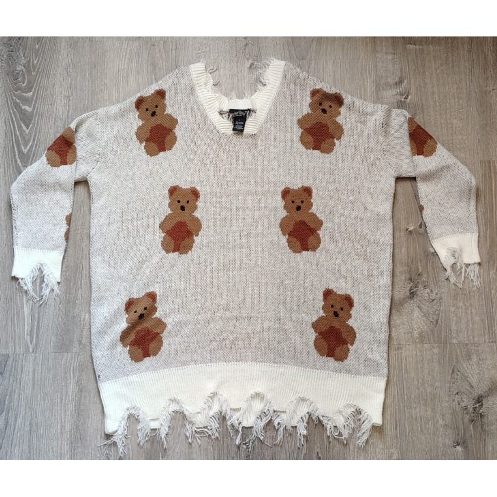 Just Polly Ivory‎ Frayed Teddy Bears Long Sleeve Sweater Size Large